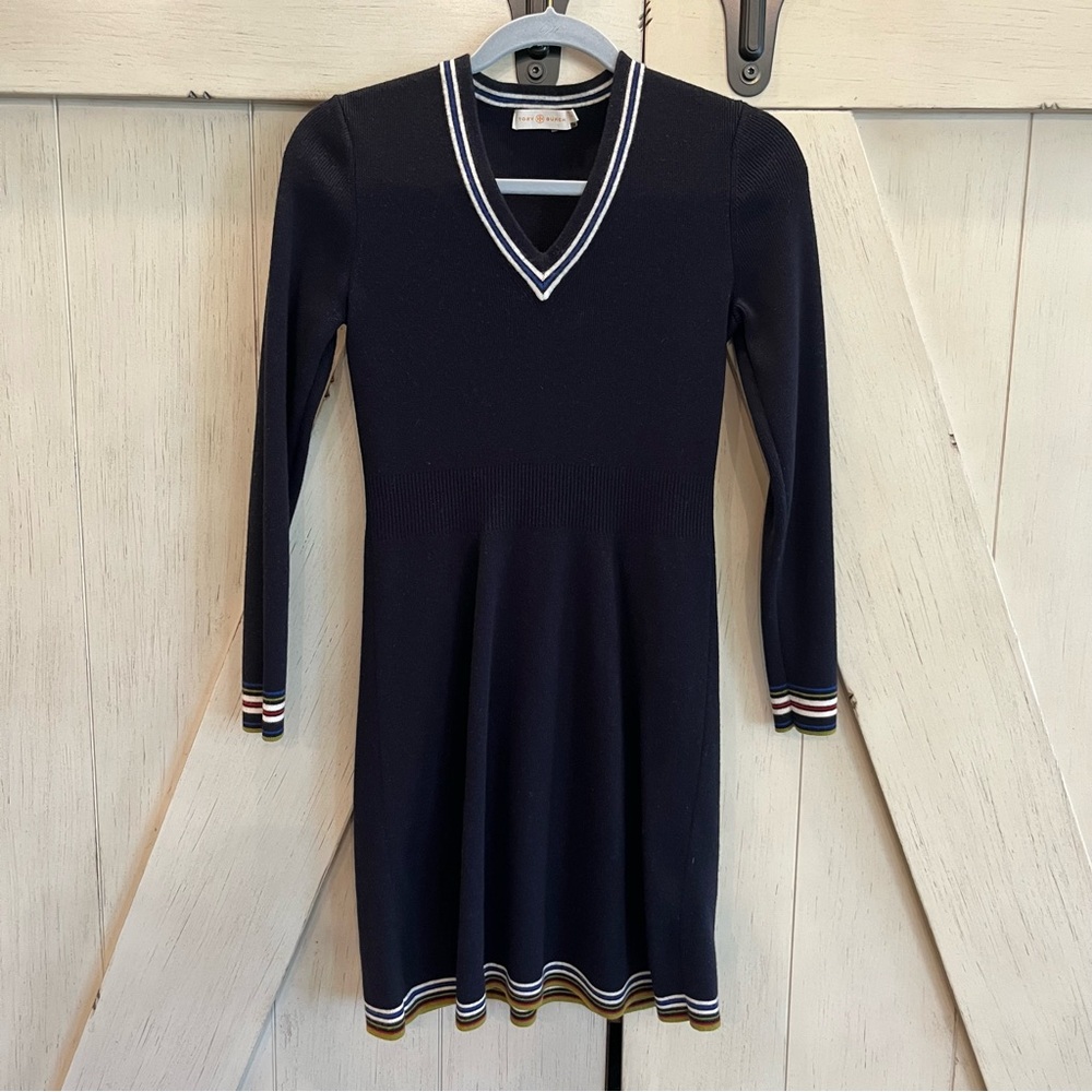 Tory Burch Navy Long Sleeve Dress with Striped Trim